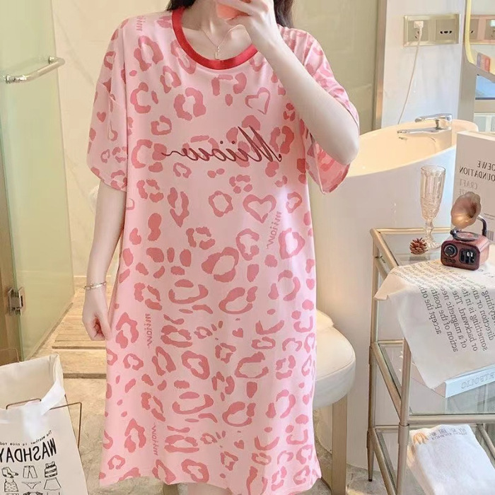 El comercio exterior de verano pijamas cuello redondo jersey de media longitud camisón de las mujeres lindo dulce flojo delgado de seda de leche ropa para el hogar