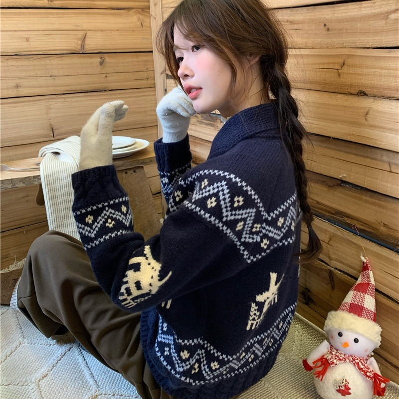 费尔岛提花复古牛角扣翻领毛衣外套女秋冬新款设计感针织开衫上衣|undefined