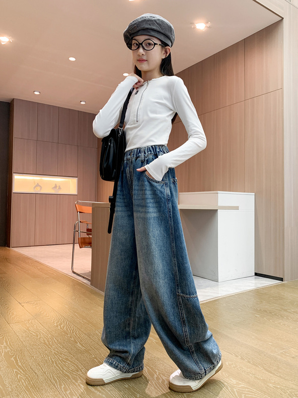 女童韩版牛仔长裤春秋儿童秋装宽松裤子2025新款女大童休闲弯刀裤|undefined