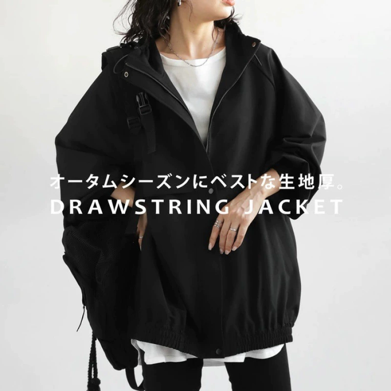 Демисезонное пальто-тренч jacket - японский/корейский стиль, 2023 год, свободный крой, высокий воротник, черный, средний размер
