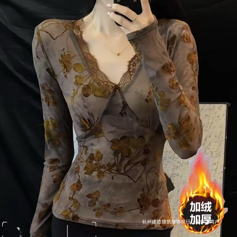 Light and Mature Style Sexy Long-Sleeved Slim-Fitting Bottoming Shirt Autumn and Winter New Style Lace Fashionable Versatile Velvet Top for Women Light and Mature Style Sexy Long-Sleeved Slim-Fitting Bottoming Shirt Autumn and Winter New Style Lace Fashionable Versatile Velvet Top for Women