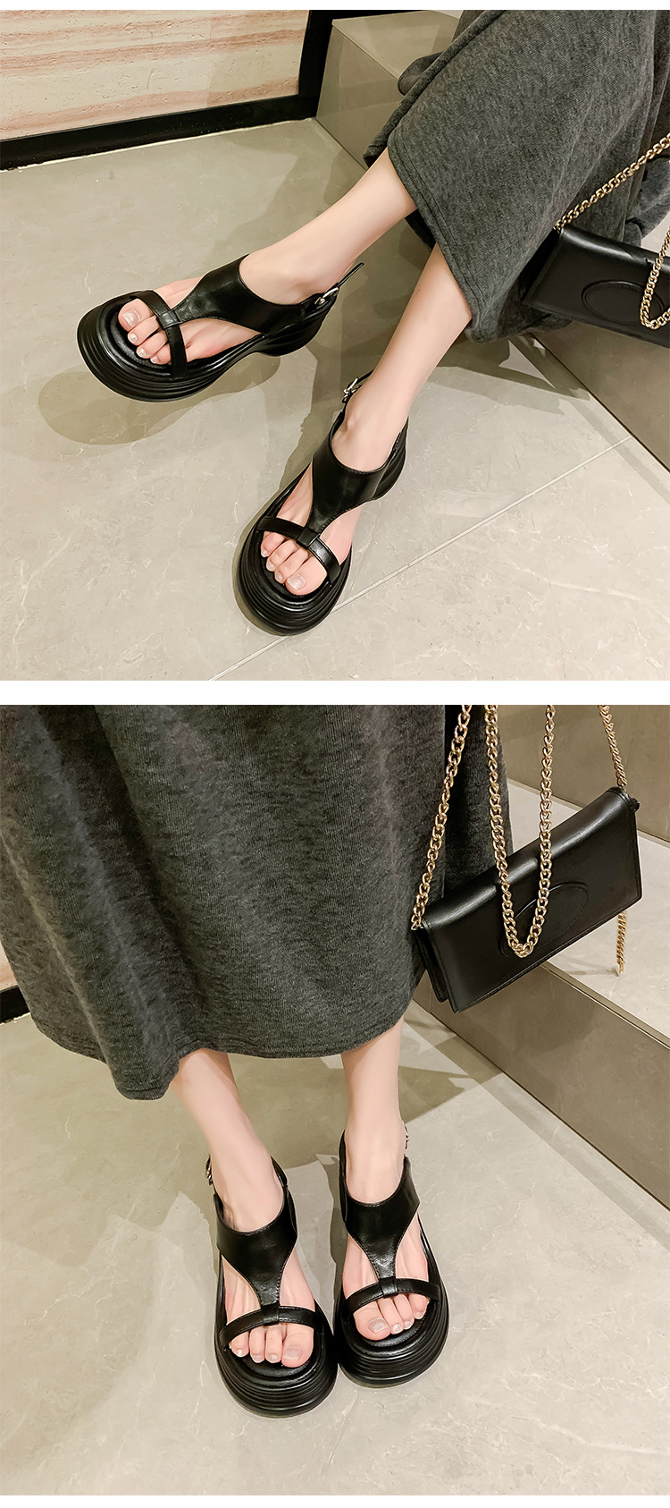 Sandal cao gót nữ hở mũi phong cách biker, đế dày 8cm, kiểu ống bọc La Mã — đen, Màu trắng nhạt chi tiết 18