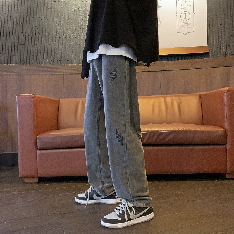 Demi-season trousers, retro loose straight jeans, American style