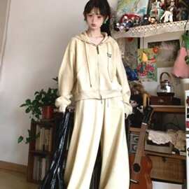 大码胖MM美式慵懒风休闲连帽春秋新款韩版套装运动显瘦长裤两件套