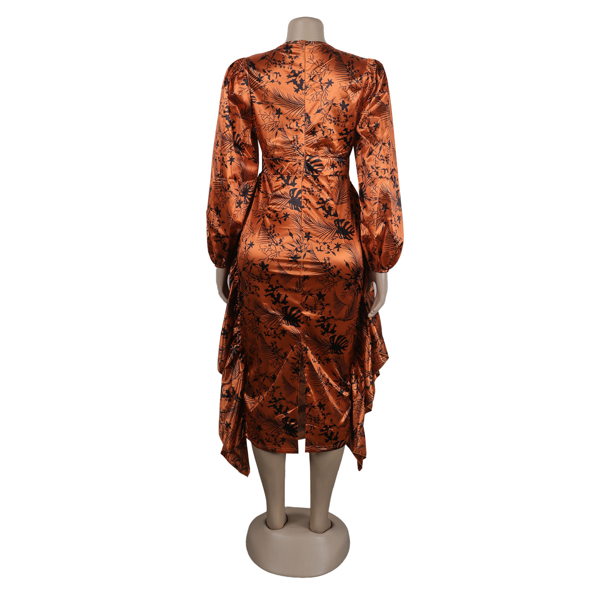 Women's Clothing Sexy Printed Ruffled Lantern Sleeve Hip Hugging Slim Fit Long Sleeve Dress_voghion.com