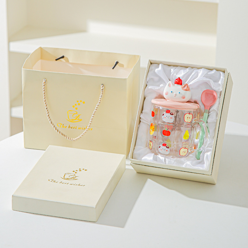 Gato estereoscópico pintado a mano alta resistencia al calor de vidrio de silicio de alta calidad de oficina con cubierta de cuchara de agua taza de dibujos animados taza de marca