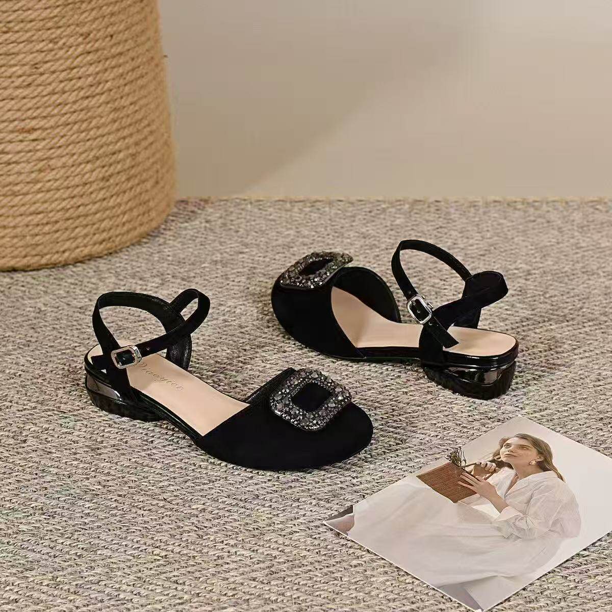 Sandal nữ da thật mũi trùm gót vuông khóa vuông đế mềm chống trượt — màu đen chi tiết 8