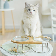 INS风简约实木猫碗单双碗高硼玻璃高脚碗实木架子简约款猫狗通用