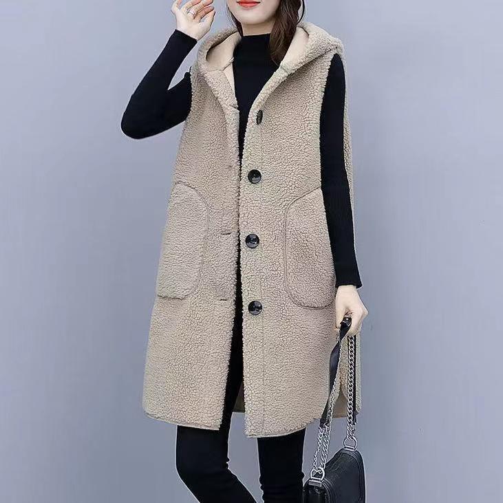 Chaleco transfronterizo ropa exterior del todo fósforo de las mujeres 2023 abrigo de invierno de piel de terciopelo de cordero sintética integrado chaleco con capucha de longitud media
