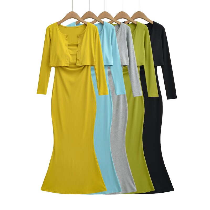 Spicy and Stylish Waist-Cinching Pleated Long Strap Dress & Slim-Fit Cardigan Knit Jacket Two-Piece Set for Women, New for Summer Spicy and Stylish Waist-Cinching Pleated Long Strap Dress & Slim-Fit Cardigan Knit Jacket Two-Piece Set for Women, New for Summer