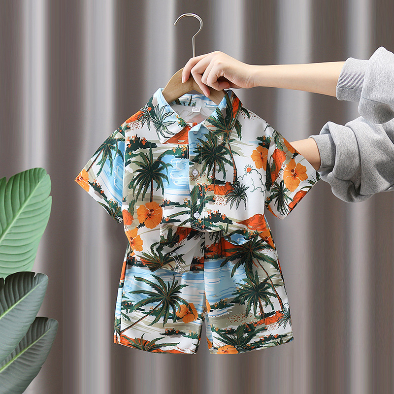 7219 Traje de camisa de flores para niños 2025 nueva camisa de manga corta de celebridades de Internet de verano para niños ropa fina de vacaciones en la playa