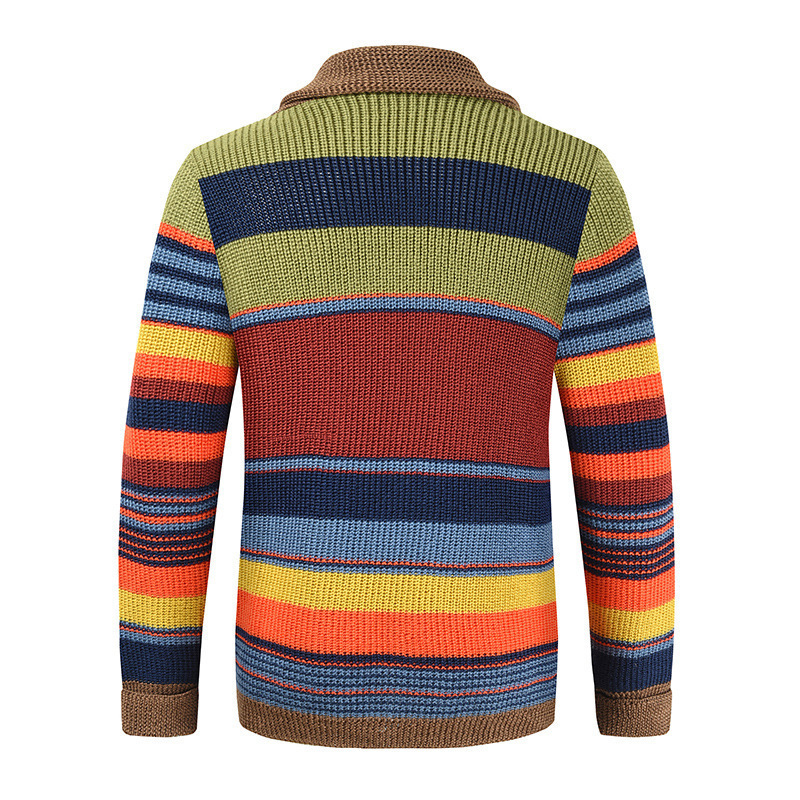 Regenbogenpullover für Herren, Regenbogen-Farbblock-Strickjacke für Herren – Übergroßer Pullovermantel mit langen Ärmeln und Kragen für den Herbst und Winter für die Freizeit_voghion.com