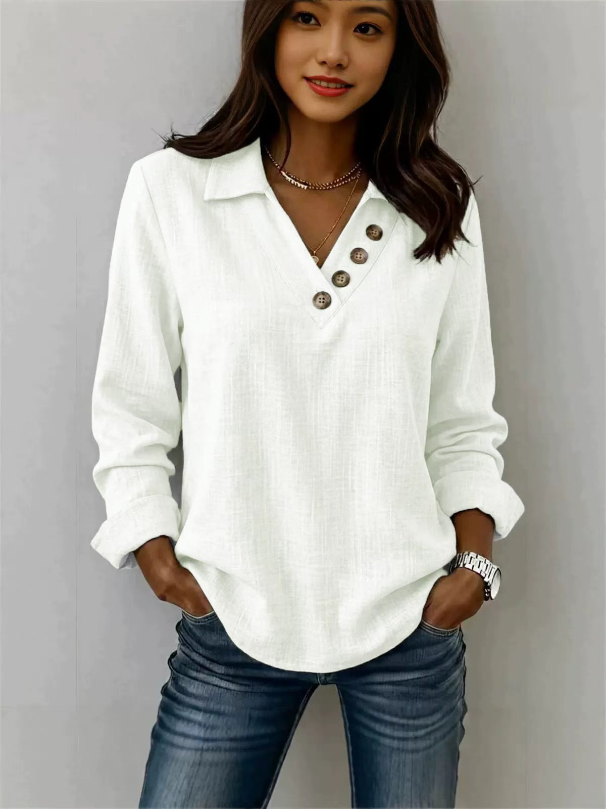 shein2026 women's new top, loose V-neck, buttoned patchwork, long