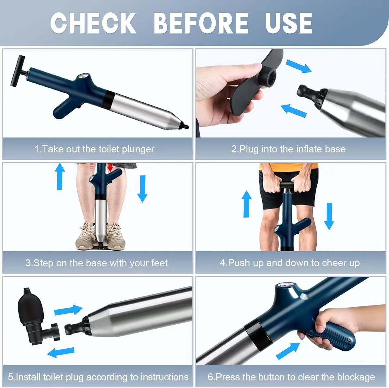 Stainless Steel High Pressure Air Toilet Plunger, Multifunctional Powerful Manual Pipe Unclogger Cleaning Tool For Bathroom Toilet Kitchen Floor Drain_voghion.com