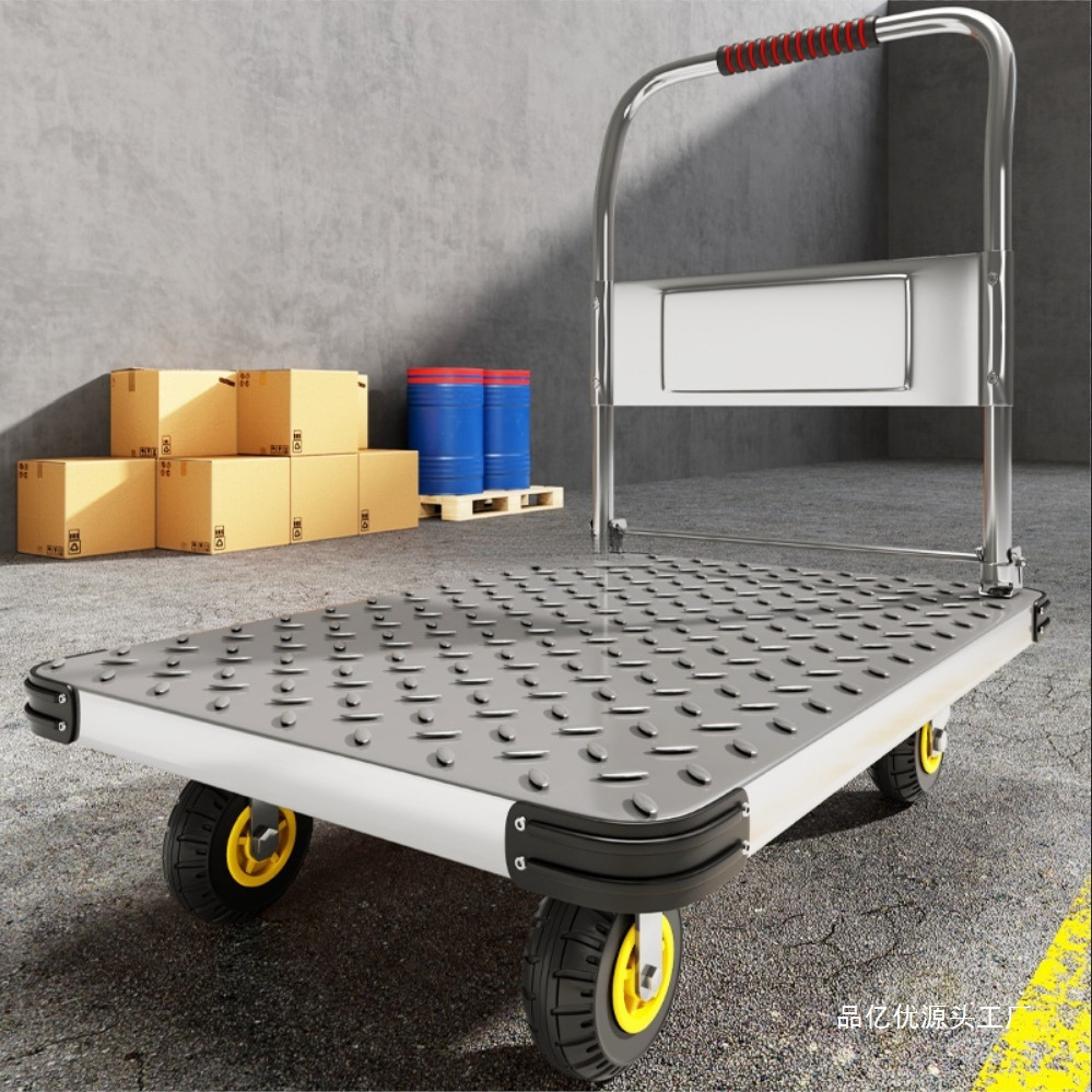 钢板手推车四轮静音搬运车快递拉货平板车小推车折叠拖车推货拉车