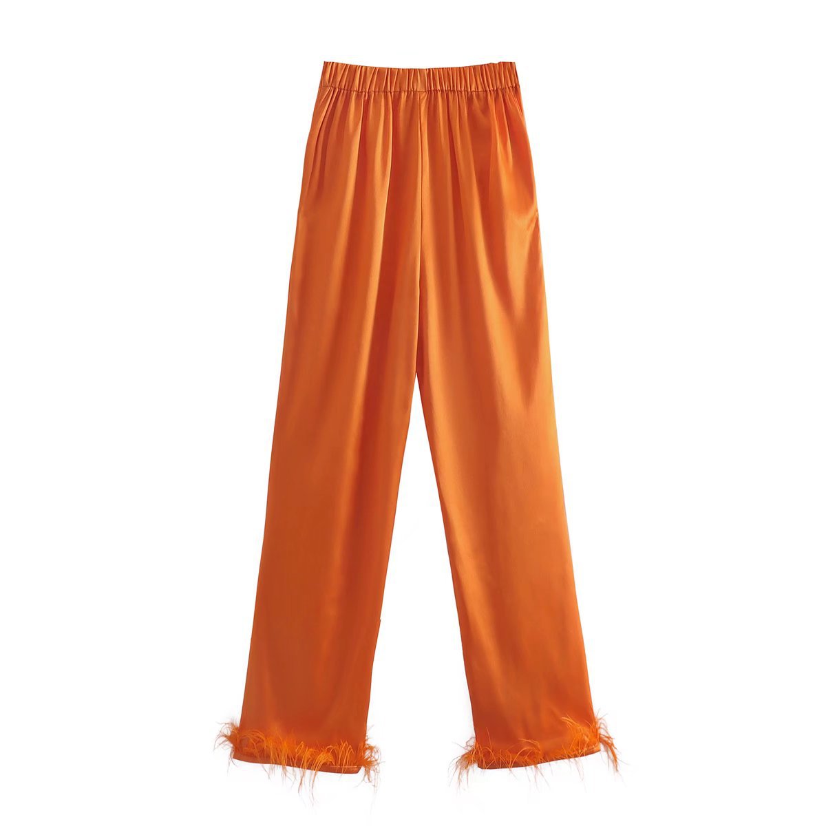 Slim Straight Feather Trim Solid Color Trousers NSAM114837