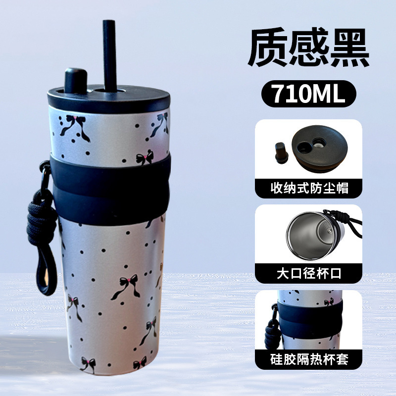 見栄えの良いステンレス製魔法瓶カップ、大容量、ポータブルストローカップ、女性用フレッシュコーヒーカップ、アウトドア用ロープ付き|undefined