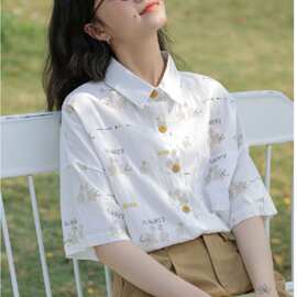 印花2025短袖衬衣小鸭子印花设计夏季宽松日系清新上衣爆款