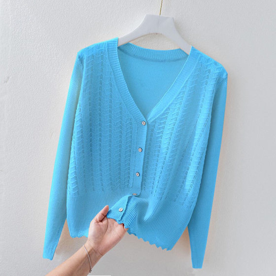 Ice Silk Cardigan Women's Loose Overshirt Waistcoat Hollow-out Anti-sunscreen Knitted Shirt Small Shawl Coat Air-conditioning Shirt Top