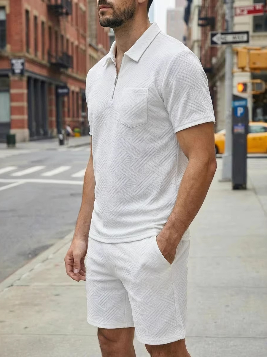 Zweiteiliges Herren-Set aus Waffelstrick, einfarbig, Sommer, Kurzarm, Shorts mit Tasche und Jacquard-Kragen._voghion.com