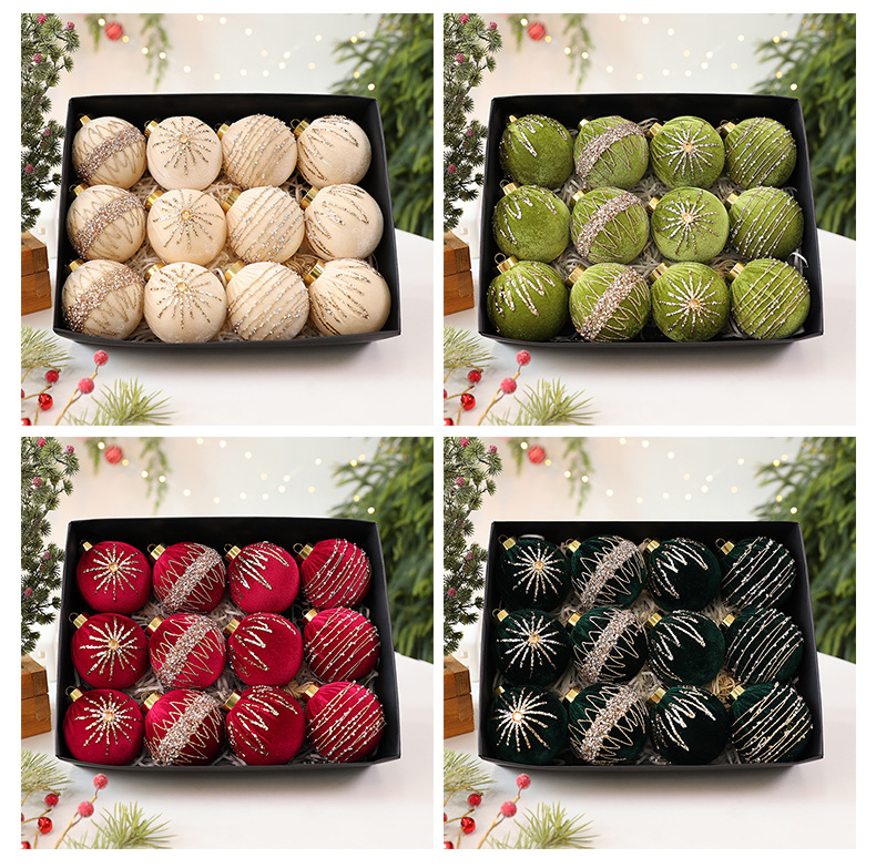 8cm Velvet Christmas Ornaments With Rhinestones – Set Of 12 Premium Decorative Balls For Tree & Home_voghion.com