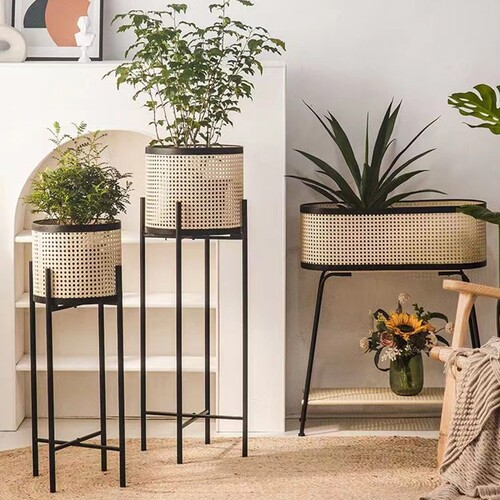 Modern light luxury minimalist Japanese style living room balcony indoor iron plant stand with rattan-like woven frame