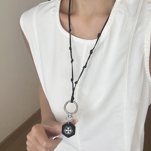 Personal Style Trend Polygon Cross Pendant Necklace for Women, Light Luxury, Unconventional Design, High-Grade Natural Stone, Long Length Sweater Chain