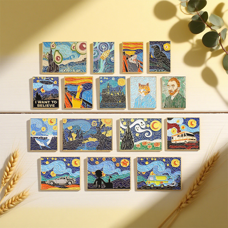 Creative Series Set of Oil Painting Style Brooches, Metal Badges, Versatile Clothing Accessories, Landscape Student Gifts, Van Gogh