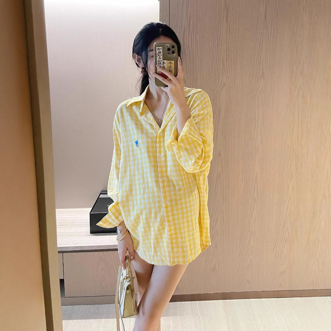 RL Ralph Pony Embroidered Long-sleeved Plaid Shirt Women's POLO Cotton Sunscreen Shirt Spring and Summer Casual Top