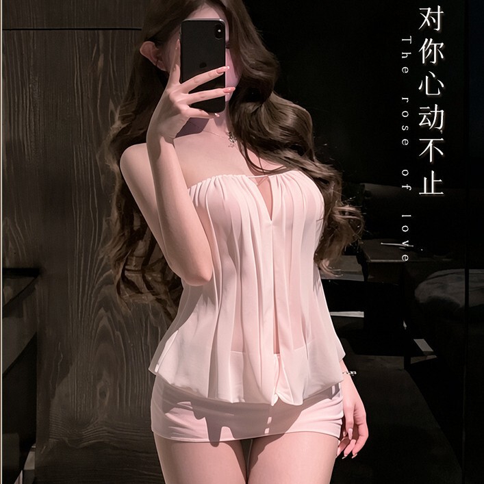 Sexy Cross-Tie Draped Mesh Pleated Dress in Pure Pink Sheer Fabric with Halter Neck and Bodycon Fit Sexy Cross-Tie Draped Mesh Pleated Dress in Pure Pink Sheer Fabric with Halter Neck and Bodycon Fit