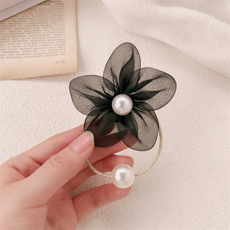 Nuevo hilo de malla de perla flor anillo de cabello de alta sensación de la cabeza de la corda de cabello de la corda de cabello de la cola de caballo temperamento banda de goma adornamiento para el cabello