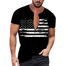 2024亚马逊夏季美国国旗3D印花V领短袖上衣男士时尚修身街潮T恤