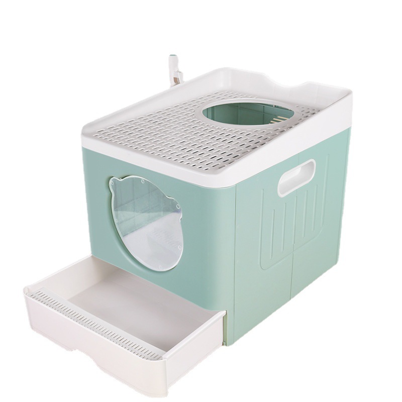 Caja de arena plegable de gato completamente cerrado cajón superior en gato inodoro a prueba de salpicaduras de gato suministros de limpieza con caja de arena de gato