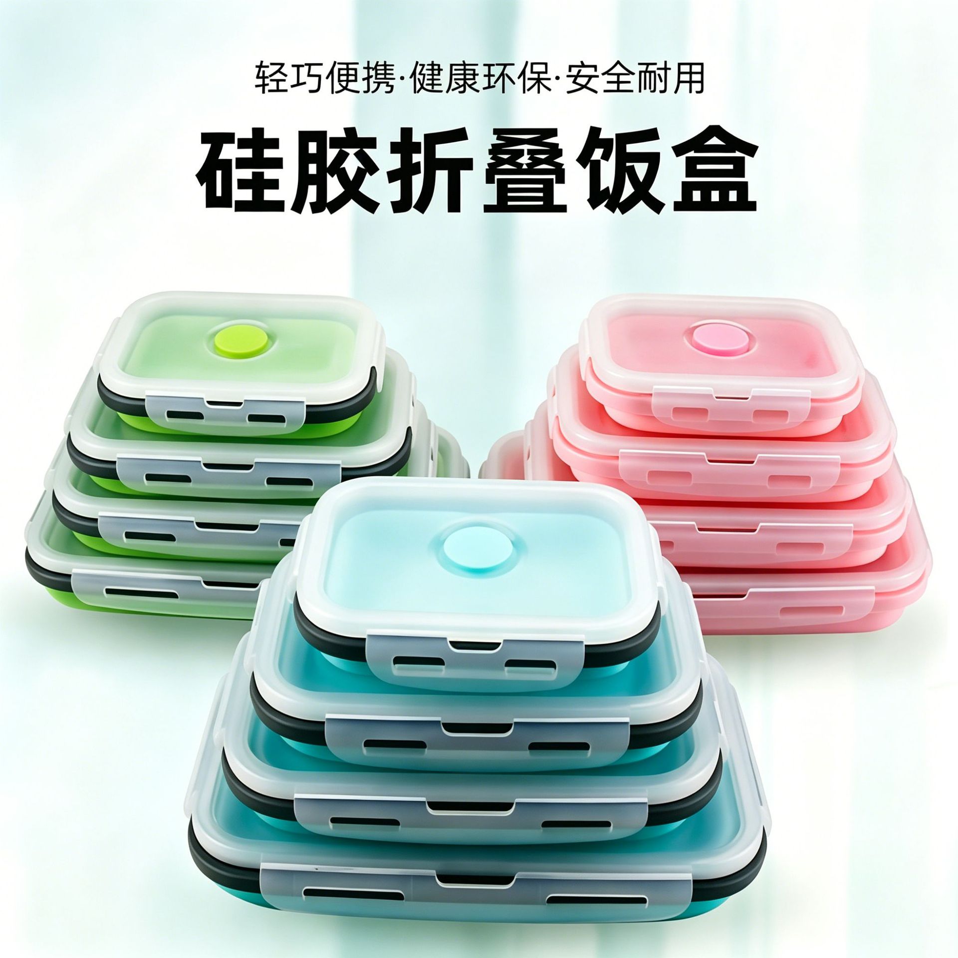 Lonchera plegable portátil de silicona, apta para alimentos, a prueba de fugas, apta para microondas, juego de loncheras al por mayor