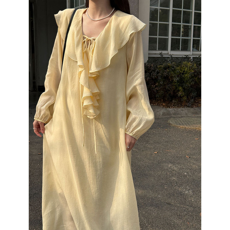 Luxi French-Style Simple Ruffled V-Neck Dress 2026 Spring New Style Puff Sleeve Lazy Style Long Dress 3781 Luxi French-Style Simple Ruffled V-Neck Dress 2026 Spring New Style Puff Sleeve Lazy Style Long Dress 3781