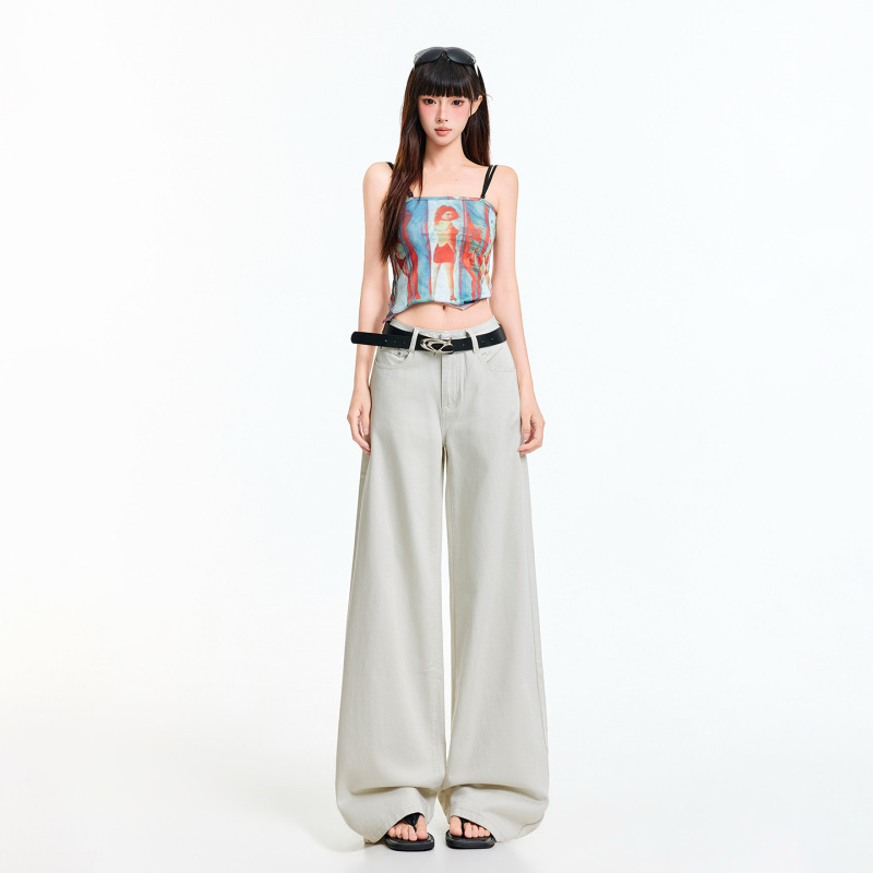 2026 White Spring/Summer Women's Jeans, Solid Color, Slimming Straight-Leg Wide-Leg Floor-Length Pants, Vintage American Style, Loose Casual