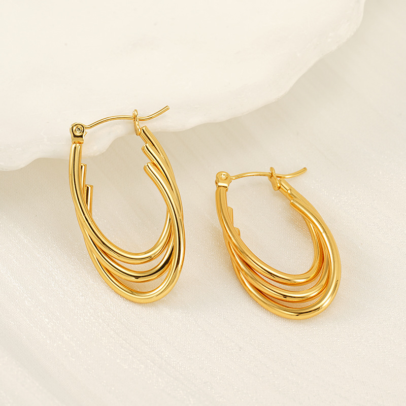 Pendientes de acero inoxidable dorado de 18k sin decoloración Pendientes de acero inoxidable de línea multicapa en forma de corazón Pendientes de hebilla ovalada mujer