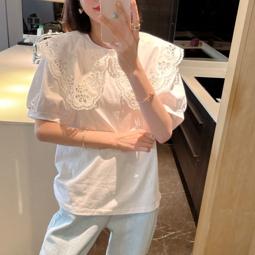 Summer 2025 South Korea Dongda Embroidered Lotus Flower Baby Collar Ins Style Fashion Short Sleeve Blouse