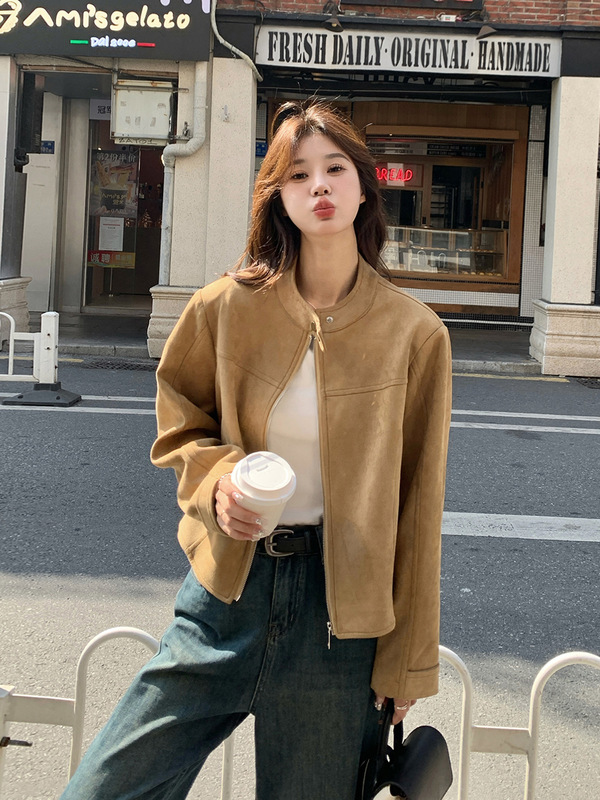 棕色麂皮绒外套女秋季2025新款韩系穿搭感小个子短款休闲夹克|undefined