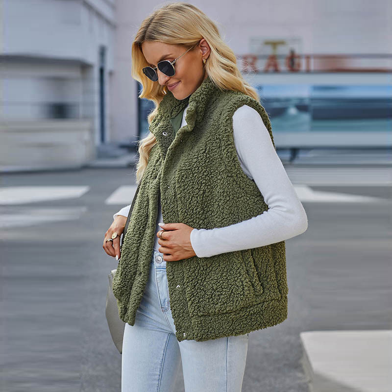 Frauen Kleidung herbst und winter neue feste farbe weste weibliche casual stil taste tasche warme ärmelloses top weibliche_voghion.com