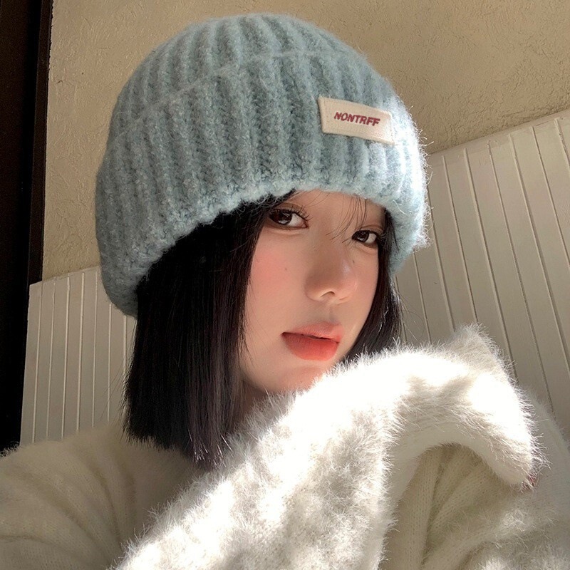 女性用ブルーニットウール帽子2025秋冬、頭囲が大きい、顔が見える万能帽子、小さくて暖かい、耳を保護するつば付き帽子|undefined