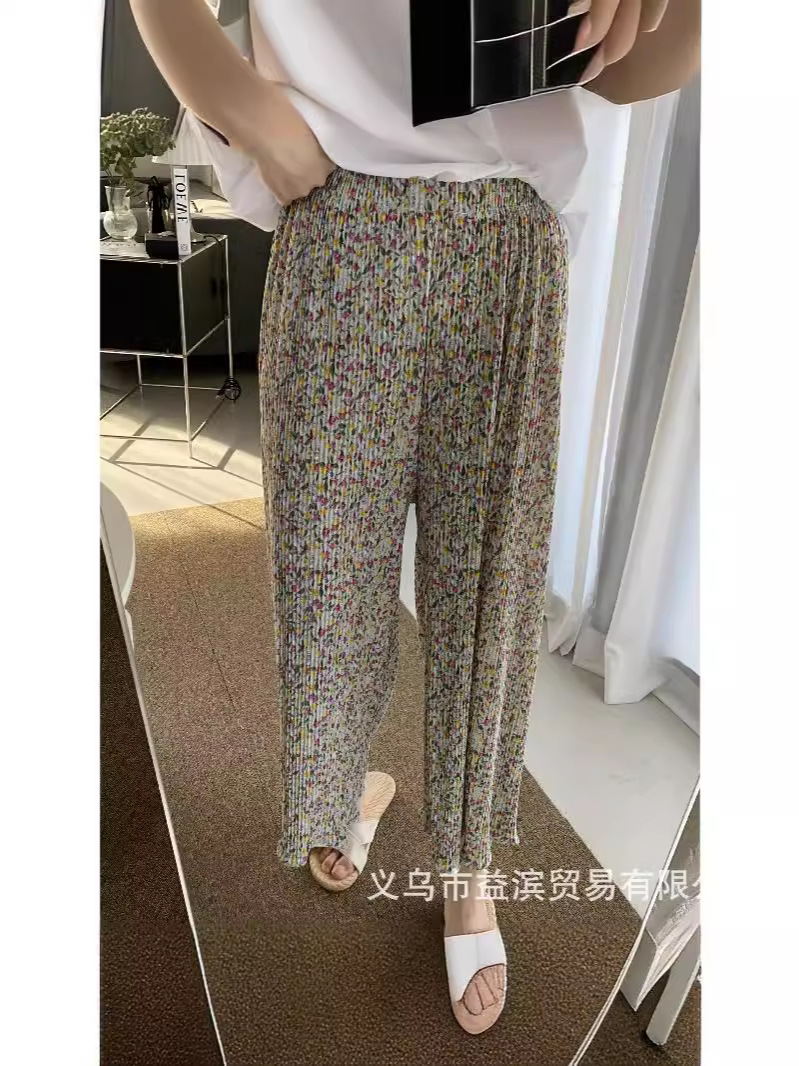 Korean-style Printed Floral Casual Wide-leg Pants Women's 2024 Spring and Summer Loose Slimming High Waist Dosing Ice Silk Straight Pants