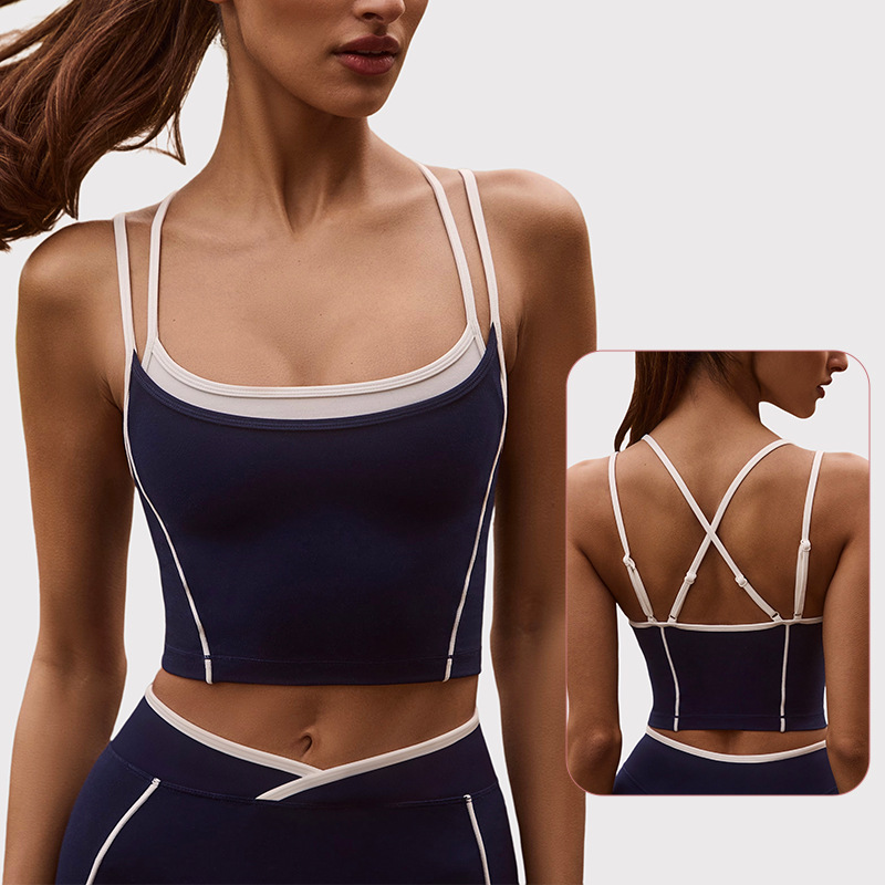 Fitness Tops with Suspenders, Sexy Spaghetti Straps, Contrasting Fake Two-Piece Halter Sports Bra, Bra Vest, Yoga Wear for Women