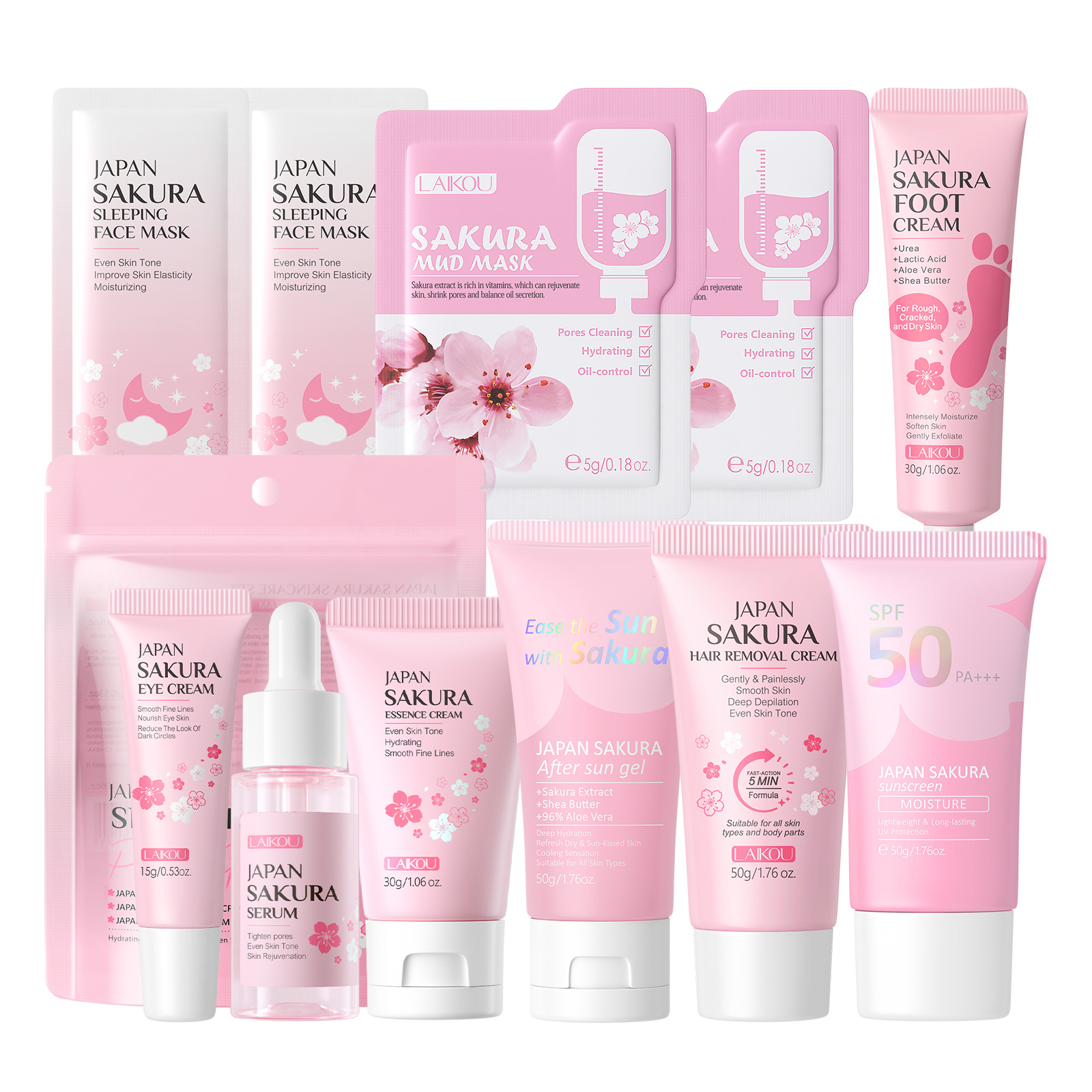 Conjunto combinado de leche de caracol y flor de cerezo LAIKOU transfronterizo, varios conjuntos, kit de productos para el cuidado de la piel de combinación libre.