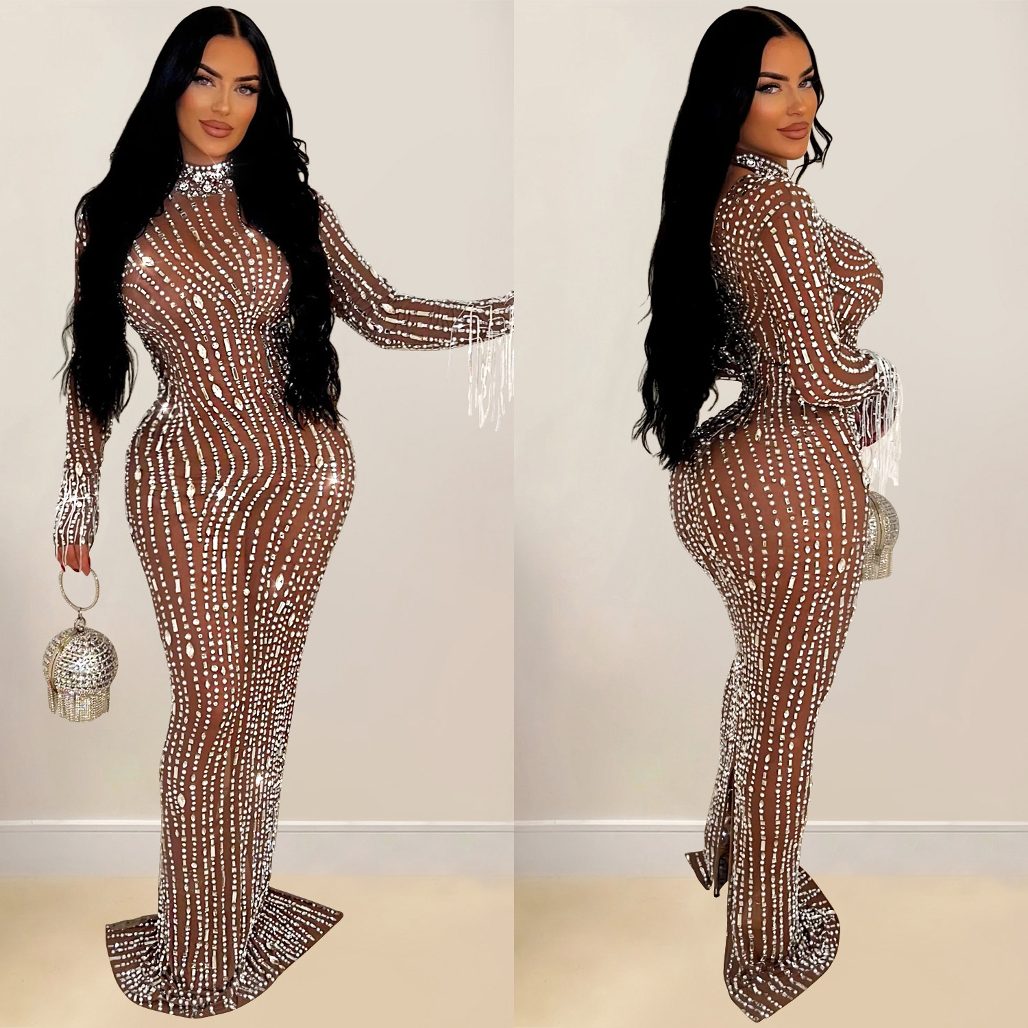 C6919 Aliexpress transfronterizo Amazon estación independiente de moda europea y americana ropa de mujer de color sólido malla de diamante vestido largo image 5