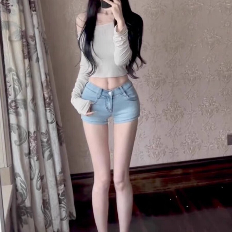 A800 # [Non-Real Shot] Low-Waist Elastic Hip-Covering Denim Shorts for Women, Tight-Fitting, Slimming Look, Versatile A-Line Hot Pants for Hot Girls