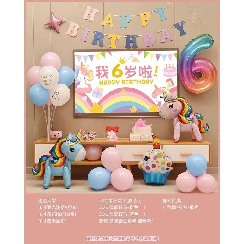独角兽女孩生日装饰场景布置电视投屏儿童周岁卡通背景墙宝宝套餐|undefined