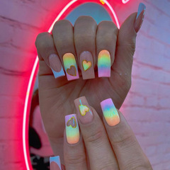 Love Rainbow French Manicure Long Square False Nails Cute Natural Sweet Ins Style Gradient Rainbow Nails