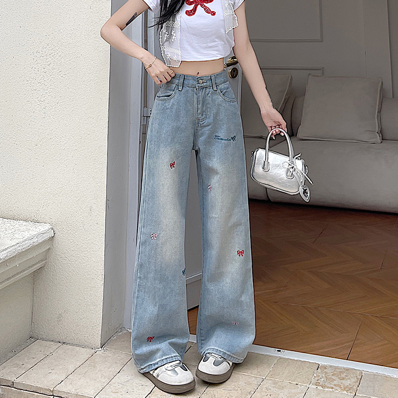 美式高街牛仔裤女蓝色刺绣休闲百搭高腰显瘦宽松直筒阔腿拖地裤子|undefined