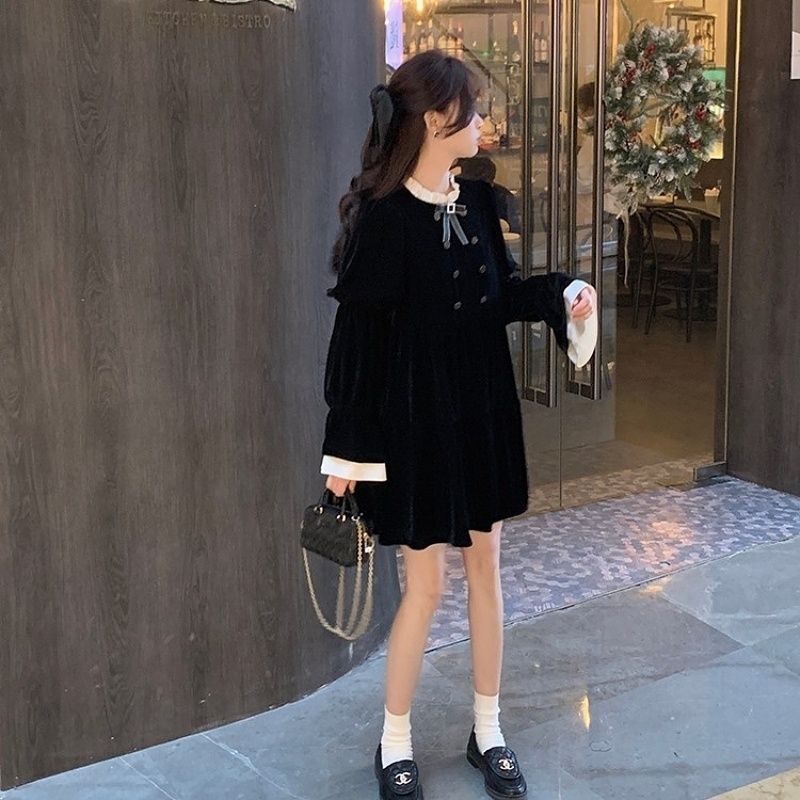 秋冬季2025新款女装小个子法式气质感黑色金丝绒连衣裙子